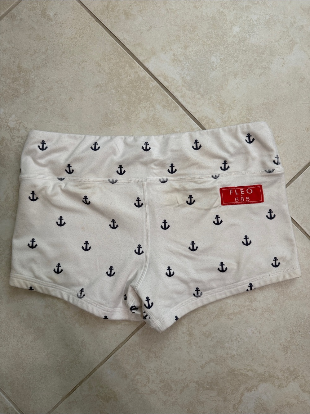 Fleo White Anchor Print Athletic Shorts with Red Logo Patch
